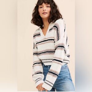 Free People Stripe Splitneck Pullover Ecru Oak Sweater XS Crop Relaxed fit